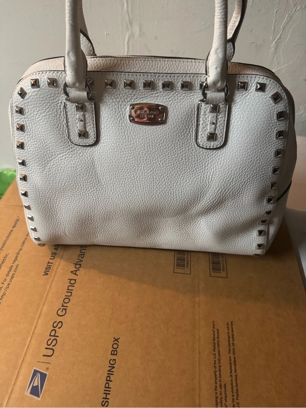 Michael Kors White Pebbled Leather Stud-Trim Satchel